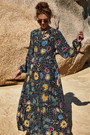 New Stylish Summer Flowers Batch Printing Long Sleeve Slim Casual Dress
