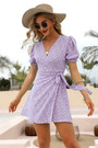 New Stylish Summer V-Neck Floral Batch Printing Short Sleeve Chiffon Lace-Up Holiday Dress