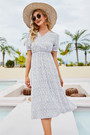 New Stylish Summer V-Neck Floral Batch Printing Short Sleeve Holiday Dress