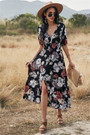 New Summer Flowers Batch Printed Elastic Waist Laced Slim Holiday Dress