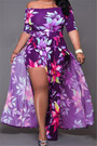 Oversize Flowers Print Stretch Boatneck High Slit Irregular Stylish Dress