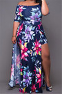 Oversize Flowers Print Stretch Boatneck High Slit Irregular Stylish Dress