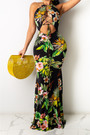 Plus Size 3 Colors Halter Neck Flowers Batch Printing Hollow Out Sexy Maxi Dress