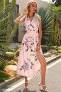 Plus Size 4 Colors Summer Flowers Batch Printing V-Neck New Style Fresh Split Dress