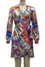 Plus Size Autumn V-Neck Multicolor Batch Printing Lace-Up Stretch Mini Dress