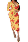 Plus Size Flowers Batch Printing Autumn Zip-Up Stretch Slim Midi Dress (With Belt)