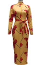 Plus Size Flowers Batch Printing Autumn Zip-Up Stretch Slim Midi Dress (With Belt)