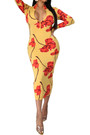 Plus Size Flowers Batch Printing Autumn Zip-Up Stretch Slim Midi Dress (With Belt)