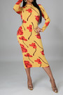 Plus Size Flowers Batch Printing Autumn Zip-Up Stretch Slim Midi Dress (With Belt)