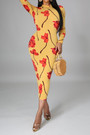 Plus Size Flowers Batch Printing Autumn Zip-Up Stretch Slim Midi Dress (With Belt)