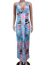 Plus Size Summer Sleeveless Deep V-Neck New Stylish Flowers Batch Printing Stretch Maxi Dress