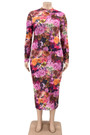 Plus Size Xl-5Xl New Stylish Flowers Batch Printing Zip-Up Stretch Casual Autumn Midi Dress