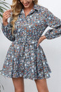S-2Xl Plus Size New Floral Batch Printing Inelastic Turndown Collar Tie-Waist Retro Stylish A-Line Mini Dress