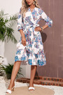 S-2Xl Plus Size Spring New Stylish 3 Colors Inelastic Flower Batch Printing With Belt Three-Quarter Sleeves Casual Midi Dress