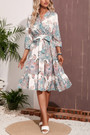 S-2Xl Plus Size Spring New Stylish 3 Colors Inelastic Flower Batch Printing With Belt Three-Quarter Sleeves Casual Midi Dress