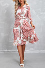 S-2Xl Plus Size Spring New Stylish 3 Colors Inelastic Flower Batch Printing With Belt Three-Quarter Sleeves Casual Midi Dress