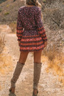 S-2Xl Plus Size Spring New Stylish Floral Batch Printing Inelastic V-Neck Lace-Up Lantern Long Sleeves Casual Mini Dress