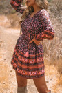S-2Xl Plus Size Spring New Stylish Floral Batch Printing Inelastic V-Neck Lace-Up Lantern Long Sleeves Casual Mini Dress