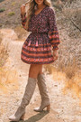 S-2Xl Plus Size Spring New Stylish Floral Batch Printing Inelastic V-Neck Lace-Up Lantern Long Sleeves Casual Mini Dress