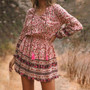 S-2Xl Plus Size Spring New Stylish Inelastic Floral Batch Printing V-Neck Lace-Up Lantern Long Sleeves Casual Mini Dress
