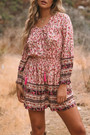 S-2Xl Plus Size Spring New Stylish Inelastic Floral Batch Printing V-Neck Lace-Up Lantern Long Sleeves Casual Mini Dress