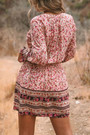 S-2Xl Plus Size Spring New Stylish Inelastic Floral Batch Printing V-Neck Lace-Up Lantern Long Sleeves Casual Mini Dress