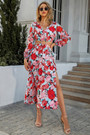 S-2Xl Plus Size Spring New Stylish Inelastic Flower Batch Printing Metal-Ring Linked Hollow Lace-Up Casual Midi Dress