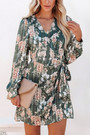 S-2Xl Plus Size Spring New Stylish Inelastic Flower Batch Printing V-Neck Long Sleeves Casual Mini Dress With Belt