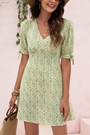 S-2Xl Plus Size Summer 3 Colors Inelastic Floral Batch Printing V-Neck Lace-Up Bow Casual Mini Dress