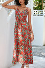 S-2Xl Plus Size Summer Floral Batch Printing Inelastic V-Neck Tie-Waist Retro Spaghetti String Midi Dress