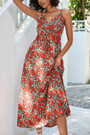 S-2Xl Plus Size Summer Floral Batch Printing Inelastic V-Neck Tie-Waist Retro Spaghetti String Midi Dress