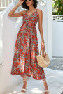 S-2Xl Plus Size Summer Floral Batch Printing Inelastic V-Neck Tie-Waist Retro Spaghetti String Midi Dress