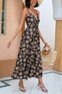 S-2Xl Plus Size Summer Floral Batch Printing Inelastic V-Neck Tie-Waist Retro Stylish Spaghetti String Midi Dress