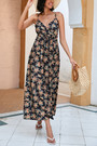 S-2Xl Plus Size Summer Floral Batch Printing Inelastic V-Neck Tie-Waist Retro Stylish Spaghetti String Midi Dress