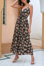 S-2Xl Plus Size Summer Floral Batch Printing Inelastic V-Neck Tie-Waist Retro Stylish Spaghetti String Midi Dress
