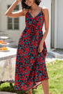 S-2Xl Plus Size Summer Floral Batch Printing Inelastic V-Neck Tie-Waist Stylish Holiday Spaghetti String Midi Dress