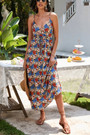 S-2Xl Plus Size Summer Floral Batch Printing Inelastic V-Neck Tie-Waist Vintage Stylish Spaghetti String Midi Dress