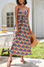 S-2Xl Plus Size Summer Floral Batch Printing Inelastic V-Neck Tie-Waist Vintage Stylish Spaghetti String Midi Dress