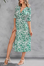 S-2Xl Plus Size Summer New Flower Batch Printing Inelastic Elbow Sleeves V-Neck Split Casual Midi Dress