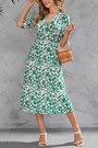 S-2Xl Plus Size Summer New Flower Batch Printing Inelastic Elbow Sleeves V-Neck Split Casual Midi Dress
