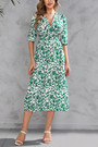 S-2Xl Plus Size Summer New Flower Batch Printing Inelastic Elbow Sleeves V-Neck Split Casual Midi Dress