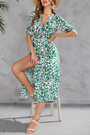 S-2Xl Plus Size Summer New Flower Batch Printing Inelastic Elbow Sleeves V-Neck Split Casual Midi Dress