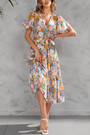 S-2Xl Plus Size Summer New Flower Batch Printing Inelastic V-Neck Short Sleeves With Belt Casual Midi Dress
