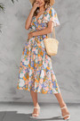 S-2Xl Plus Size Summer New Flower Batch Printing Inelastic V-Neck Short Sleeves With Belt Casual Midi Dress