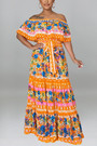 S-2Xl Plus Size Summer New Holiday Style 3 Colors Off The Shoulder Micro-Elastic Shirring Flower Batch Printing Casual Maxi Dress With Belt