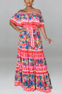 S-2Xl Plus Size Summer New Holiday Style 3 Colors Off The Shoulder Micro-Elastic Shirring Flower Batch Printing Casual Maxi Dress With Belt
