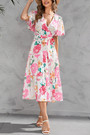 S-2Xl Plus Size Summer New Inelastic Flower Batch Printing V-Neck Short Sleeves With Belt Casual Midi Dress