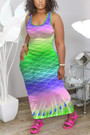 S-2Xl Plus Size Summer New Stretch 4 Colors Fish Scale Printing Sleeveless Casual Maxi Dress