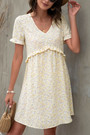 S-2Xl Plus Size Summer New Stylish 3 Colors Inelastic Batch Printing V-Neck Frill Crimped Loose Casual Mini Dress