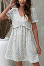 S-2Xl Plus Size Summer New Stylish 3 Colors Inelastic Batch Printing V-Neck Frill Crimped Loose Casual Mini Dress